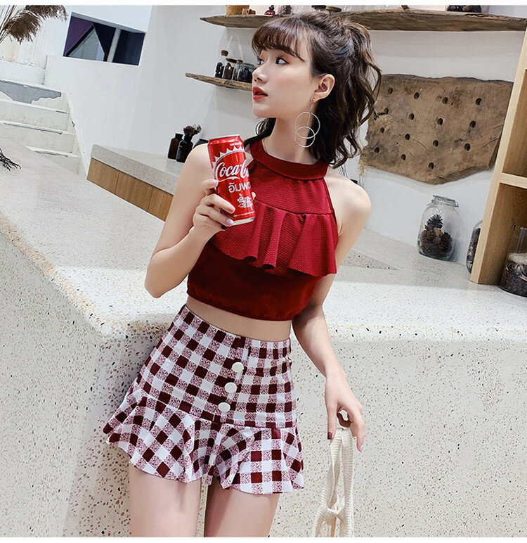 水着 レディース 体型カバー バンドゥ 韓国 レディース水着 オトナ女子 タンキニ セパレート チェック柄 みずぎ 海 プール ビーチ リゾート 露出控えめ 送料無料