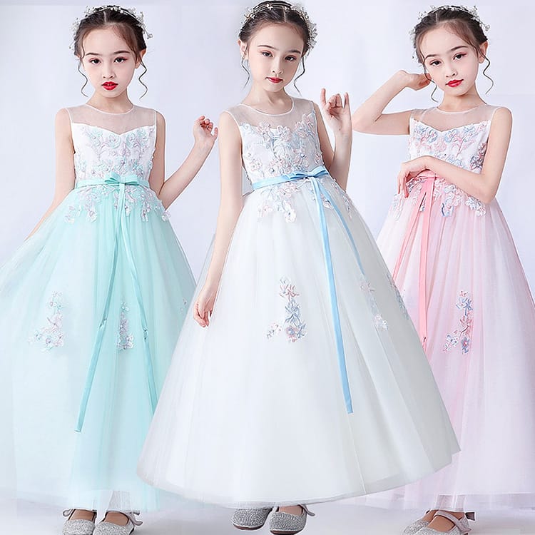 発表会 女の子 ドレス キッズ ロング丈 かわいい ドレス 子供 ピアノ 結婚式 小学生 子供ドレス 発表会 演奏会 パーティードレス チュール フォーマル 七五三 キッズドレス 袖なし 姫系 白 ピンク グリーン