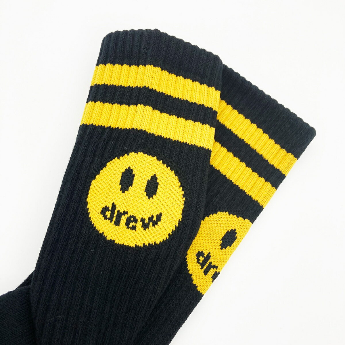 【公式 正規品】Drew House striped mascot socks - black/Whiteドリューハウス マスコット ソックス-(ホワイト)(ブラック) 2020　サイズ：FREE　靴下 正規品 【中古】 【新古品　未使用品】