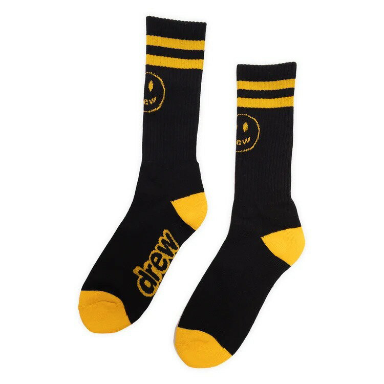 【公式 正規品】Drew House socks 2 pk: theodore + scribble ドリューハウス ソックス-2パック（2足組）マスコットストライプソックス2足組　ブラック/ゴールデンイエロー　サイズ：FREE　靴下 正規品 【中古】 【新古品　未使用品】