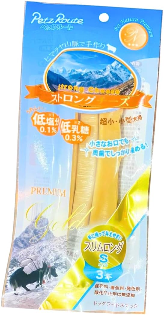 安心の無添加】保存料・着色料・発色剤・酸化防止剤を使用していない、犬の体にやさしい無添加チーズスティックガム 【低塩分・低乳糖】愛犬の健康を考えた低塩分・低乳糖タイプで毎日のおやつにも与えやすくなっています 【食べやすいスリムロングチーズ】細長いスティック状で噛みやすく食べやすい形状。そしてのうこうなチーズの風味を楽しめる嗜好性の高い犬用チーズおやつです。 内容量：1袋 3本入 原材料：乳類(ヤク乳・牛乳)、ライム果汁、食塩 成分：たん白質53.0%以上、脂質9.0%以上、粗繊維0.5%以下、灰分7.5%以下、水分20.0%以下　【エネルギー 100g当たり約340kcal】