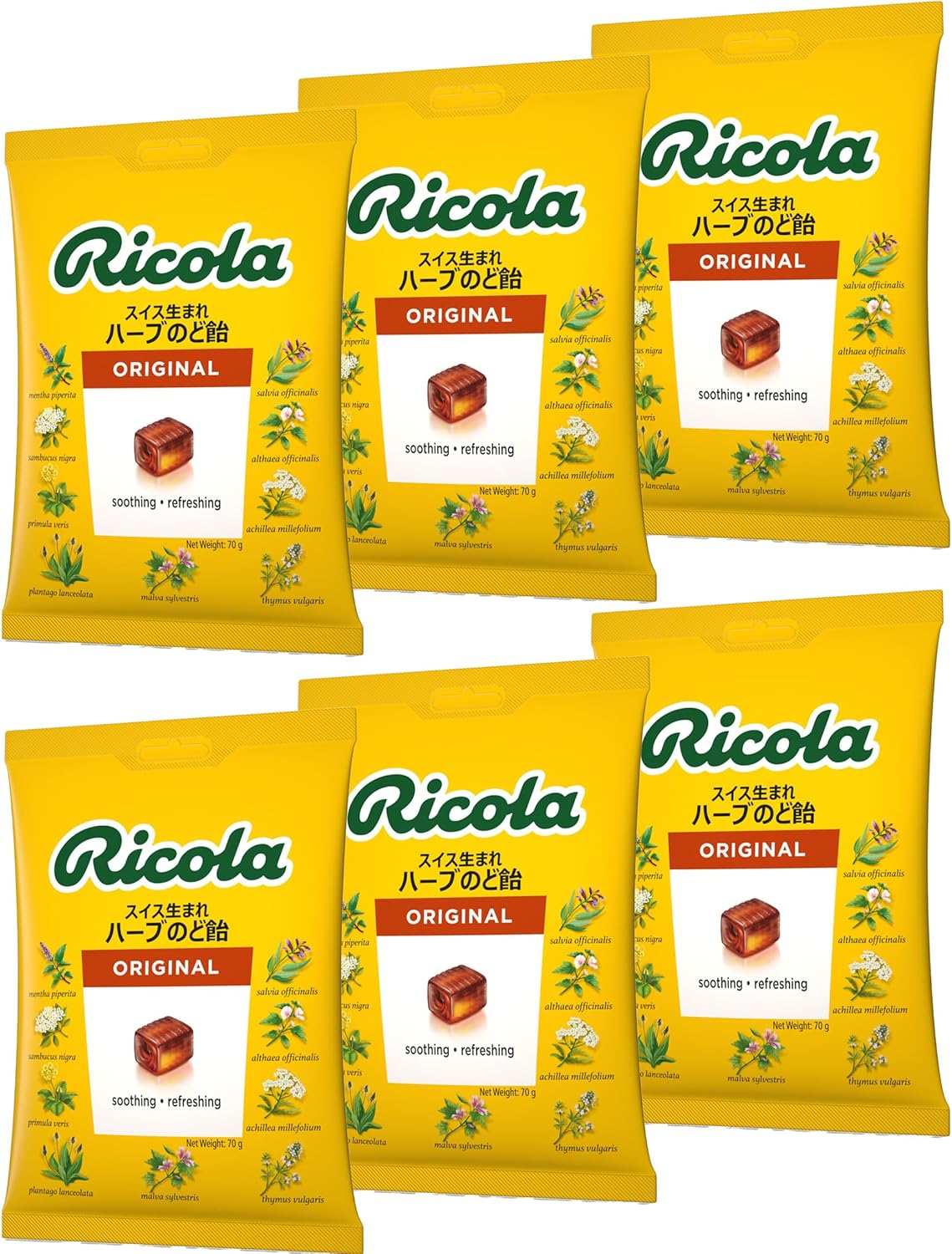 乐天商城 - リコラ オリジナル ハーブキャンディ 70g×6個 のど飴 飴 オリジナル ハーブキャンディ 美味しい レモンミント ハーブ グラッシャー スイス 咳止め スッキリ 合成香料着色不使用 個包装 子供 お配り 業務用 大量 お徳用