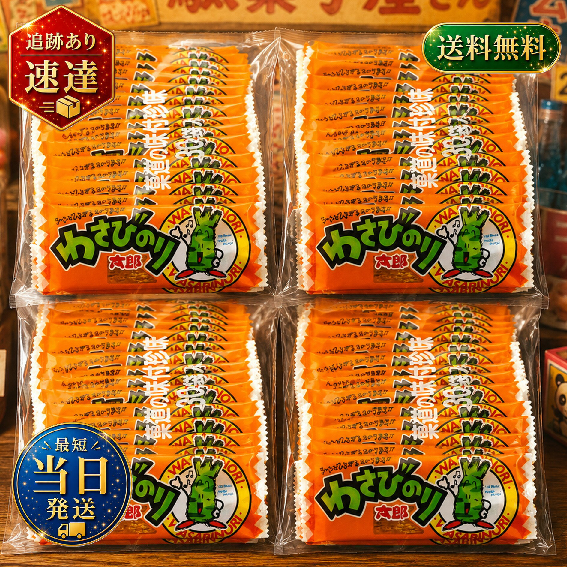 わさびのり太郎(30枚入り)× 4袋セット(計120枚 菓道 おつまみ 珍味 ちんみ 酒 大人買い イベント 縁日 祭り 子供 大人 懐かしい 昔ながら 満足 大量 駄菓子 魚肉 シート すり身 のし いか イカ わさびの商品画像