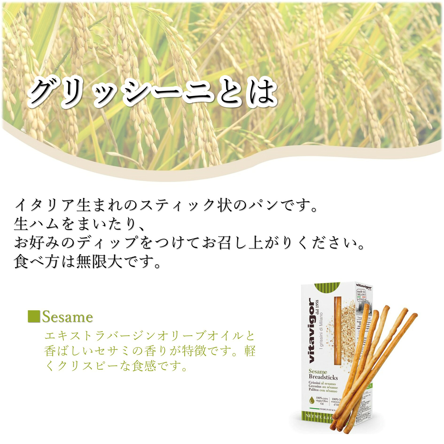即日出荷のリオストアのグリッシーニ 【 セサミ 4箱 】 vitavigor ヴィタヴィガー トラディショナル ガーリック セサミ ピザ イタリア産 業務用 お菓子 おやつ おつまみ つまみ スナック スティック状パン パン クリスピー食感｜アングル3