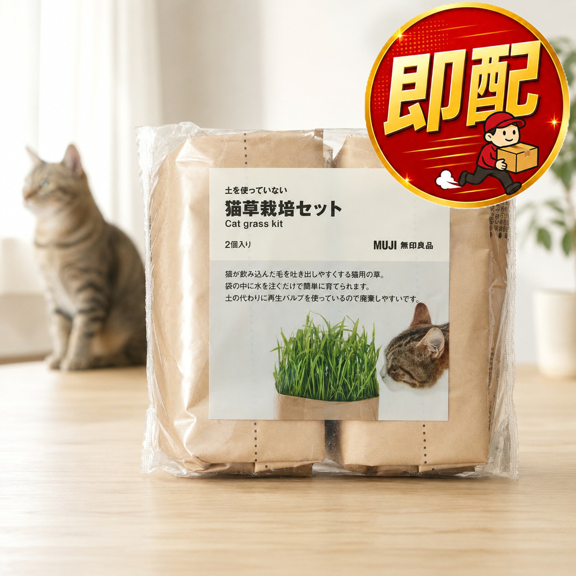 毛づくろいと同時に、飲みこんだ毛の排出を促す「猫草」。 『猫草栽培セット』は、土のかわりに再生粉砕パルプを使用しているので、愛猫が倒してしまっても中身がこぼれないのが特長です。 容器や種まきも不要で、袋の中に水を注いで7～10日ほど待てば食べごろに。食べた後は、燃えるごみとして処理できます。