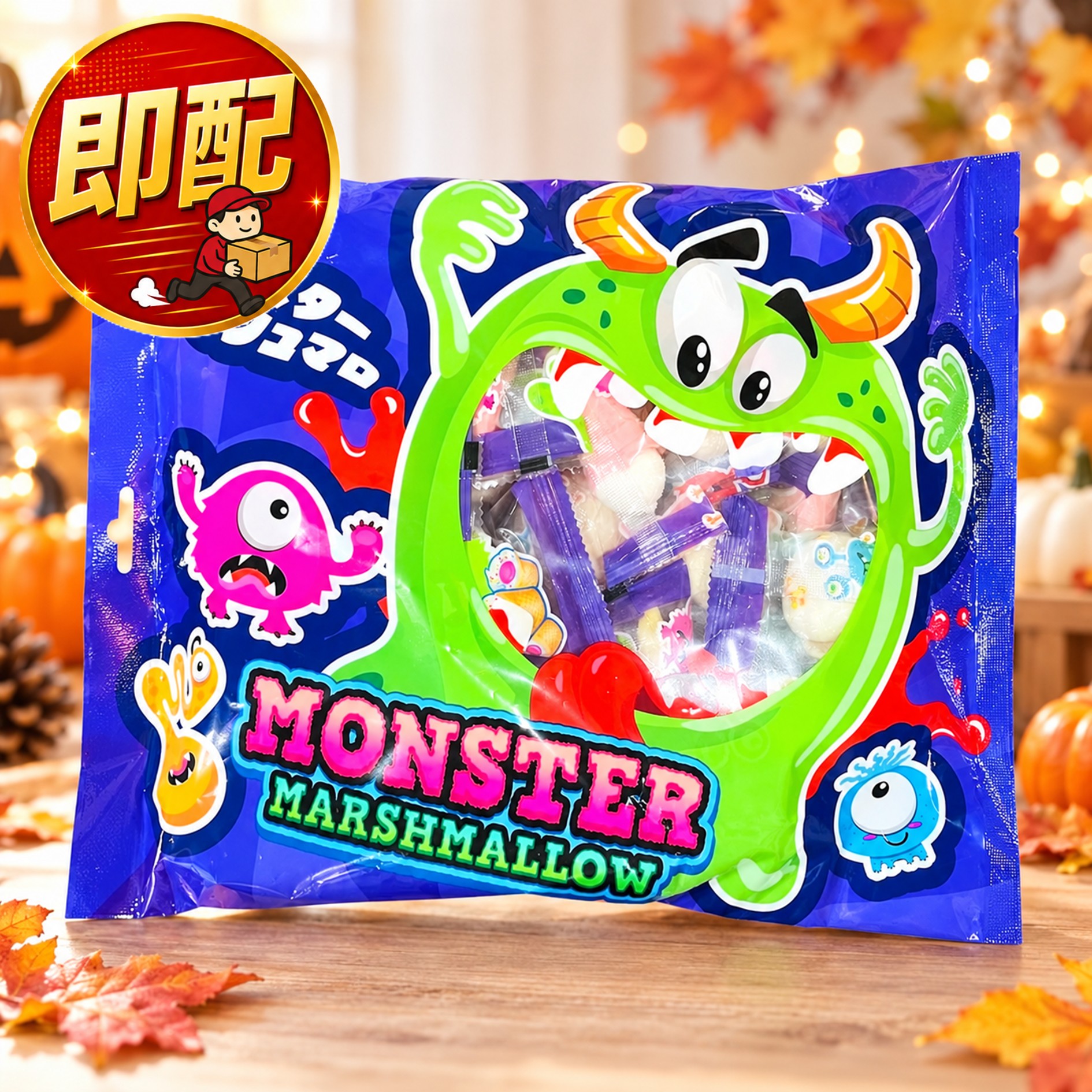 ハロウィンのお菓子！ ダイナミックなモンスターパッケージのたっぷり楽しい・おいしいマシュマロアソートです。