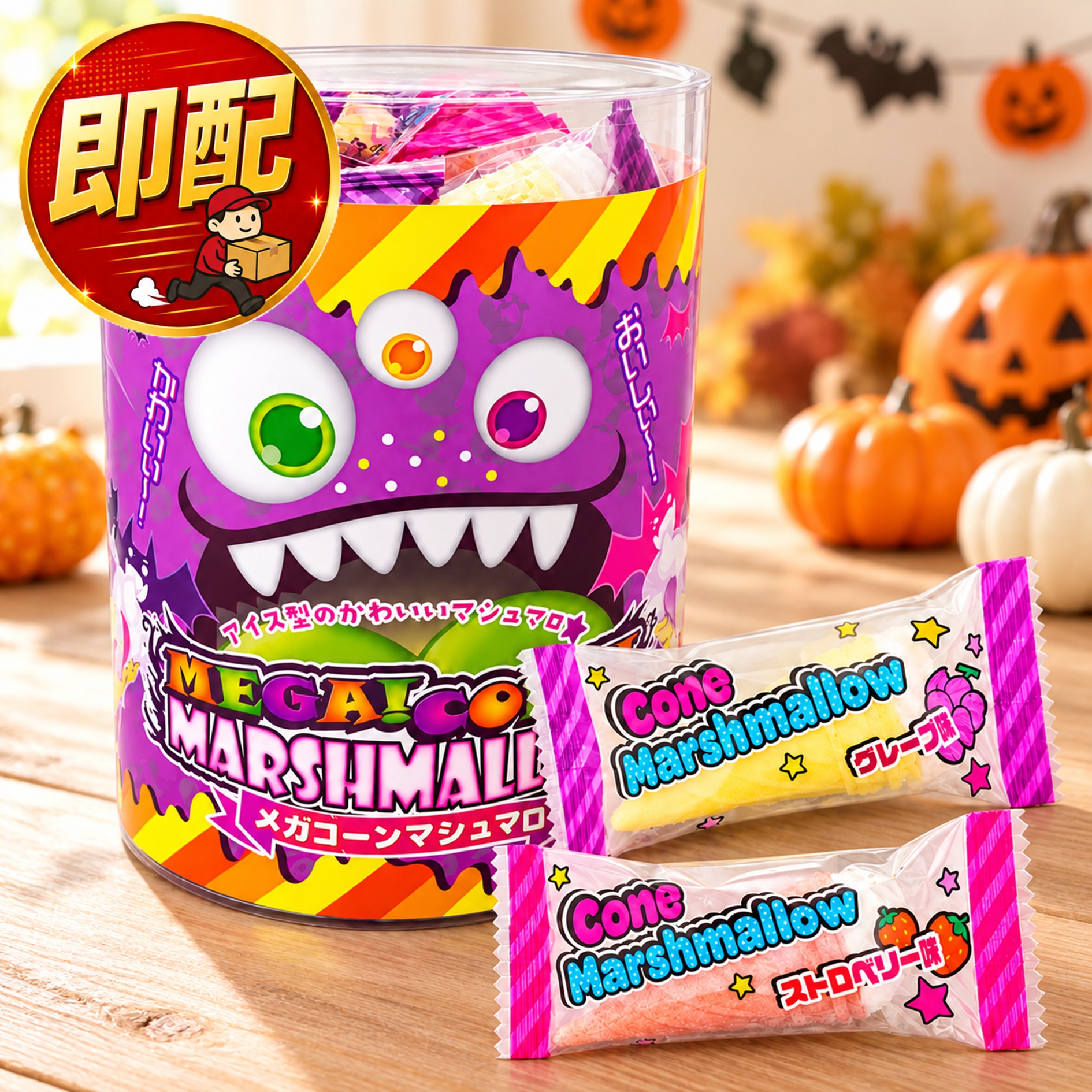 ハロウィン メガコーンマシュマロ 【 200g 】 パッケージサイズ：15cm×20cm マシュマロ ストロベリー グレープ ビッ…
