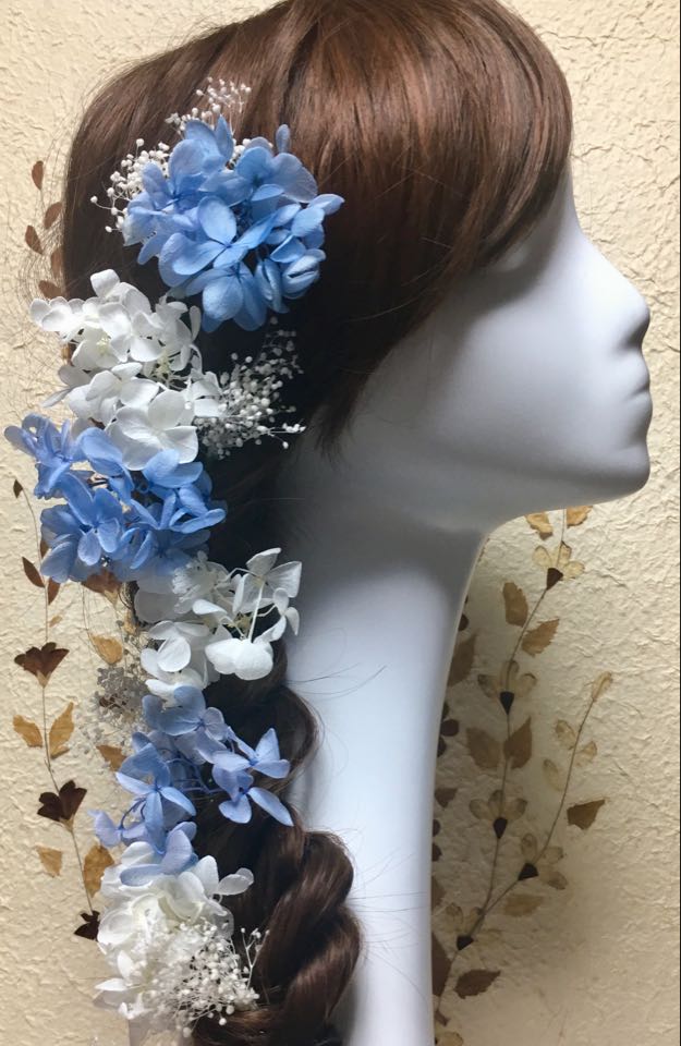 ヘッドアクセサリー ヘッドドレス プリザーブドフラワー ヘアアレンジ ハンドメイド 花 華やか 追加ピース可 クラスペディア オリジナル プリザー アジサイ 和装 かすみそう カラードレス 結婚式 二次会 パーティードレス 演奏会 発表会 花嫁acs-wd008