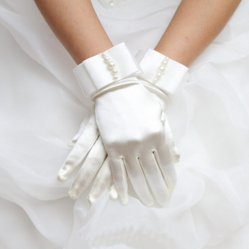 ショート リボン パール ウェディングドレス レースドレス 花嫁 ショートタイプ 結婚式 披露宴 刺繍 グローブ レース…