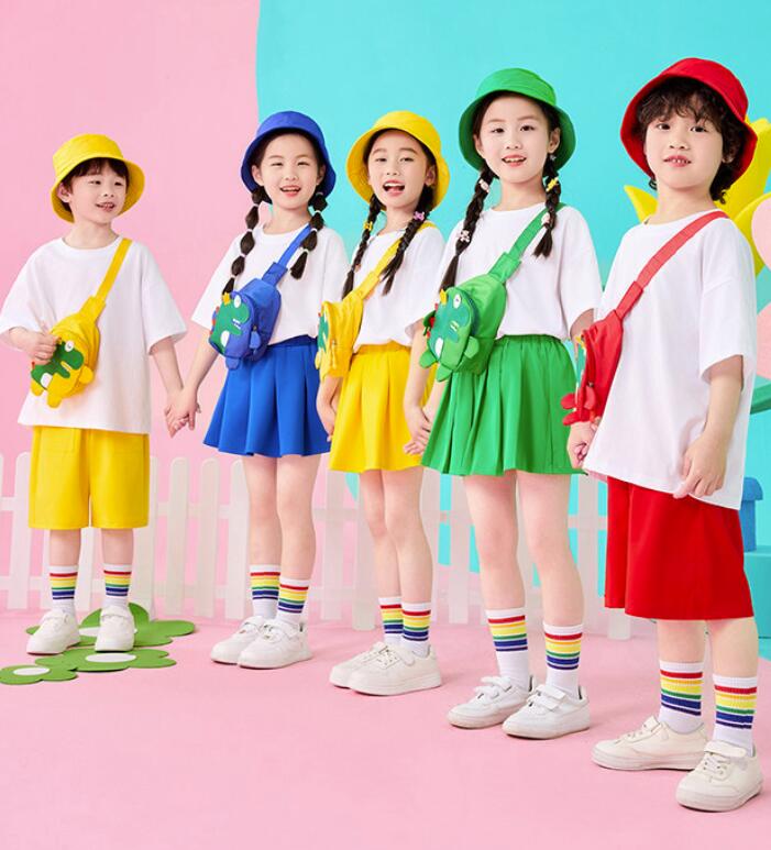 樂天商城 - キッズ ダンス衣装 5点セット 単品 Tシャツ スカート / ハーフパンツ 帽子 バッグ ソックス 子供 ダンス服 男の子 女の子 ヒップホップ ダンスウェア 発表会 チーム衣装 お遊戯会 幼稚園 小学生 カラフル ステージ衣装 お揃い