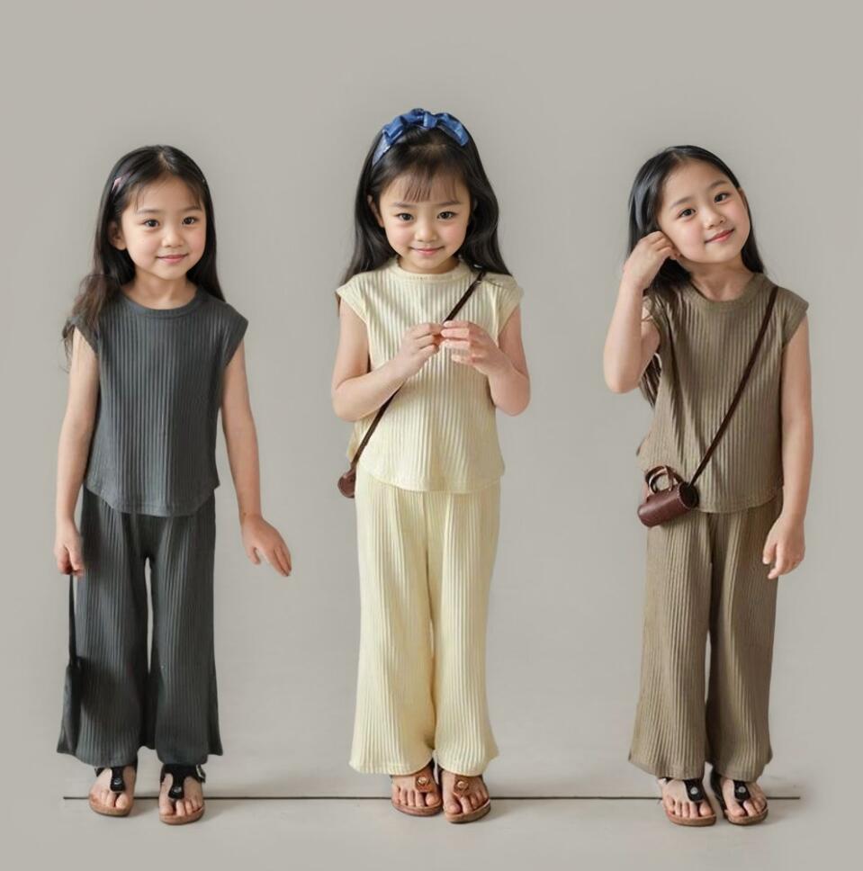 乐天商城 - キッズ セットアップ 女の子 夏 リブ 上下セット ノースリーブ ワイドパンツ 子供服 韓国子供服 おしゃれ カジュアル 90 100 110 120 130 140 ナチュラル ベージュ ブラック ブラウン