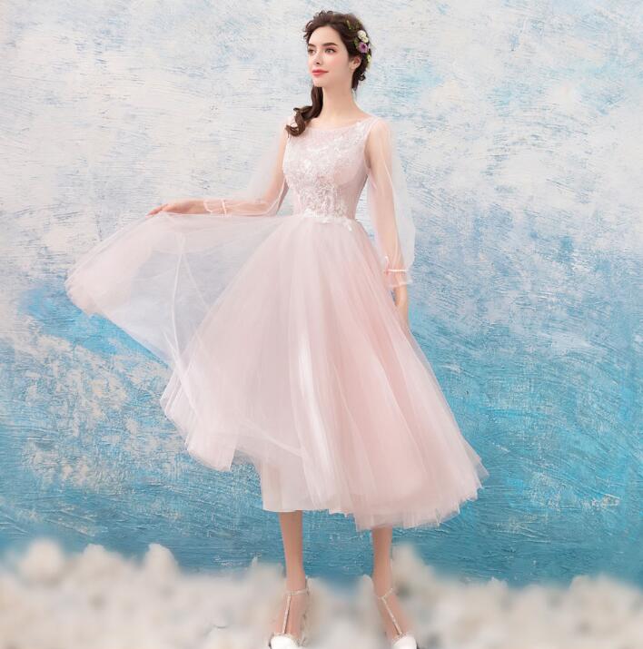 新作　パーティードレス　ミモレ丈　淡いカラー　上品　二次会ドレス　森ガール　天使　かわいい　高級感あふれるドレス　編上げ　結婚式　披露宴 刺繍/プリンセスライン/ミニドレス/二次会/マタニティウエディングドレス/演奏会/お嫁さん/発表会/花嫁♪dress-313