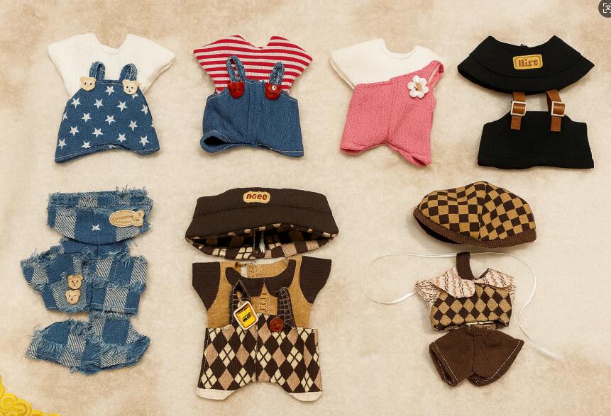 【ぬいぐるみ用お洋服】17cmぬいぐるみ オーバーオール&チェック柄セットアップなど全身コーデ◎着せ替え用ミニチュア衣装/ドール・ぬい撮りに♪かわいい小物つき【...