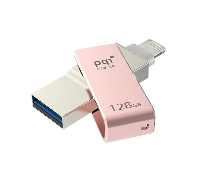 iPhone 外付け USBメモリー ピンク バージョン更新対応♪ USB pqi iconnect 128GB 3.0 撮影時直接保存可能 メモリー増設 容量 不足を解決 写真 動画保存楽々♪ ストラップ付♪携帯 スマートフォン パソコン