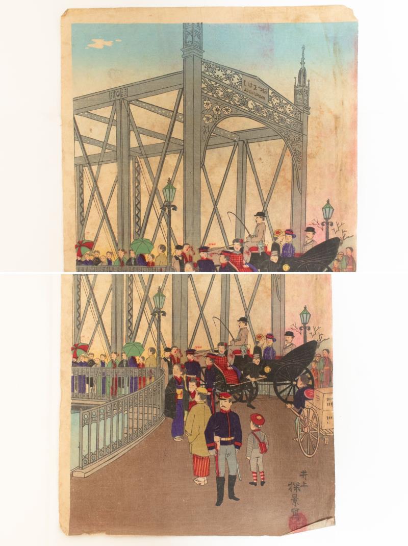 リサイクマのリサイクルショップの【中古】M▽井上安治 探景 大日本東京吾妻橋真画 1887年 木版画 浮世絵 錦絵 大判 3枚揃 ■送料無料対象外・送料別途必要■ (221)｜アングル3