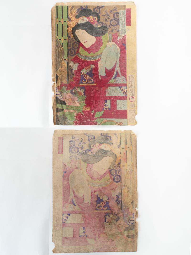 リサイクマのリサイクルショップの【中古】M▽楊洲周延 国性爺合戦 1880年 木版画 役者画 歌舞伎絵 浮世絵 錦絵 大判 三枚揃 三枚続 ■送料無料対象外・送料別途必要■ (246)｜アングル2