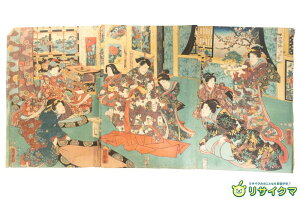 【中古】M▽歌川国輝 四季詠 冬の楽 1865年 木版画 美人画 浮世絵 錦絵 大判 三枚揃 三枚続 ■送料無料対象外・送料別途必要■ (K00380)