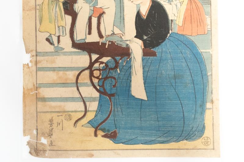 リサイクマのリサイクルショップの【中古】M▽歌川芳員 外国人衣服仕立之図 1860年 木版画 横浜絵 浮世絵 錦絵 大判 ■送料無料対象外・送料別途必要■ (K00757)｜アングル3