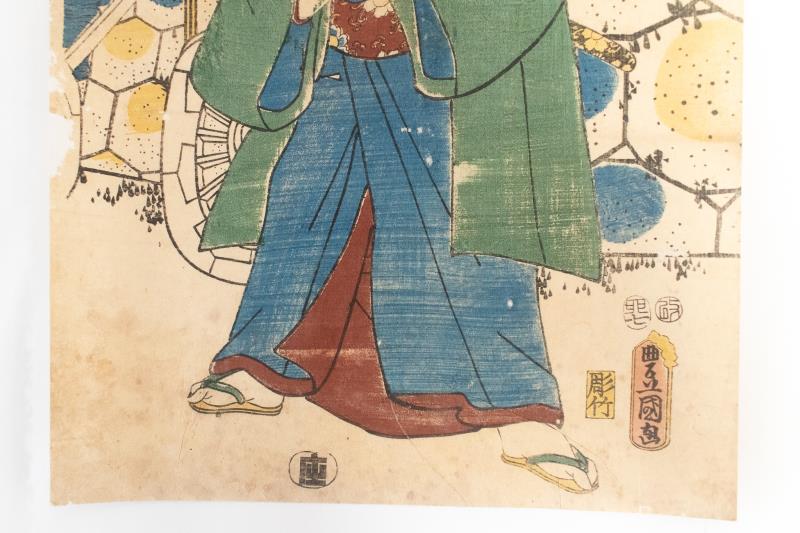リサイクマのリサイクルショップの【中古】M▽三代目 歌川豊国 花屋徳兵衛 1855年 木版画 役者画 歌舞伎絵 浮世絵 錦絵 大判 不揃い ■送料無料対象外・送料別途必要■ (K00759)｜アングル3