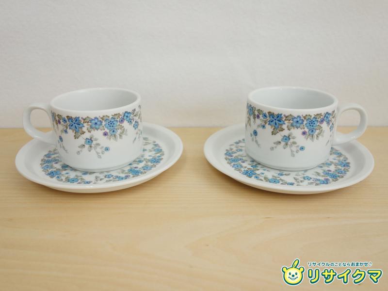 【中古】M▽ノリタケ Noritake 月桂樹 花柄 フラワー ブルー カップ＆ソーサー 2客 ペア ■送料無料対象外・送料別途必要■ (38856)