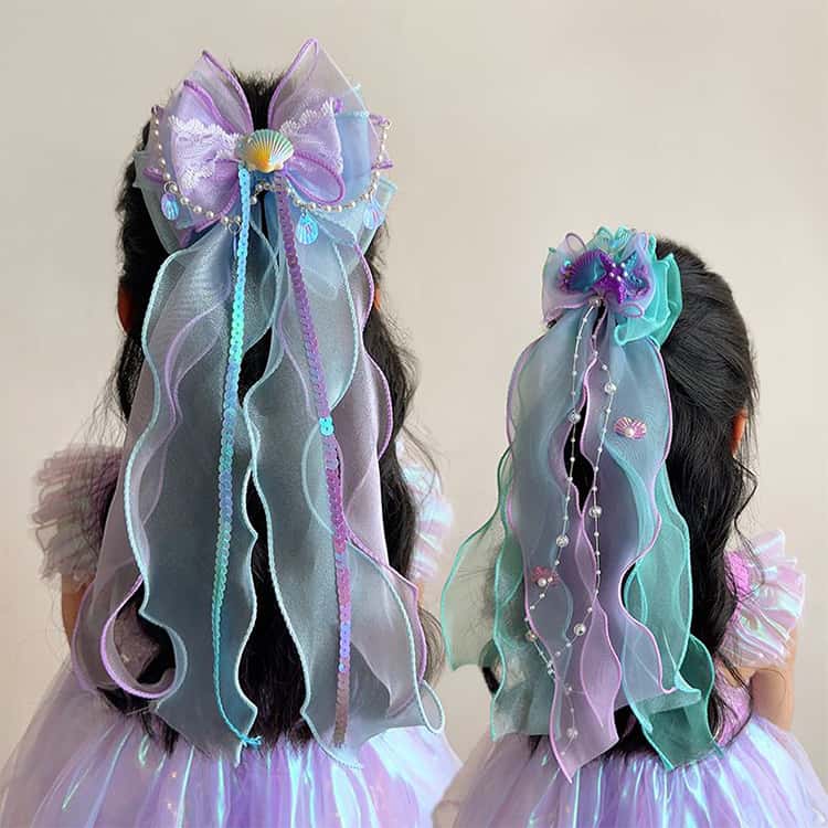 女の子 ヘアピン ヘアクリップ マーメイド リボン ロングリボン キッズ プリンセス...