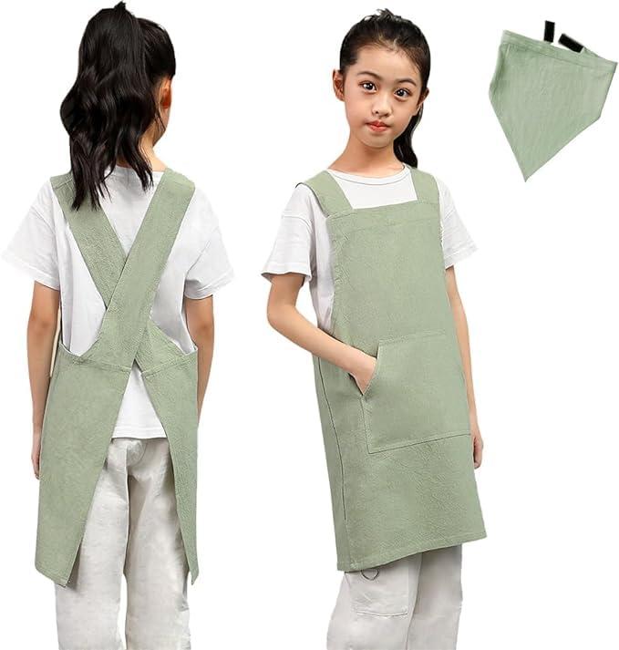 [JIAHU] エプロン 子供 キッズ 子供エプロン 男の子 女の子 被るだけ 子供用エプロン 三角巾 セット 小学生 中学生 三角巾セット リネン 子ども おしゃれ 可愛い 着脱簡単