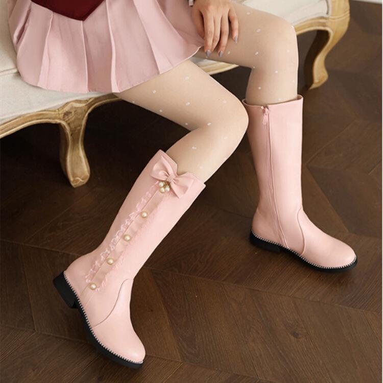 子供靴 女の子用 ハイカット フラットブーツ 蝶結び リボン かわいい 学生向け 通学用 軽量 x2