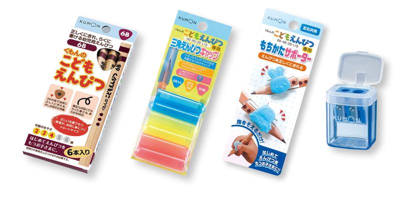くもん 公文 KUMON こどもえんぴつ6B×1 三角えんぴつキャップ×1 もちかたサポーター×1 こどもえんぴつけずり青×1 はじめてセットのサムネイル