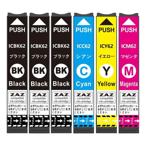 ZAZ 互換インク IC4CL62 + ICBK62(2個) 合計6個セット ICチップ付 残量表示可能 (W) ZAZ 互換インク IC4CL62 + ICBK62(2個) 合計6個セット ICチップ付 残量表示可能 (W)