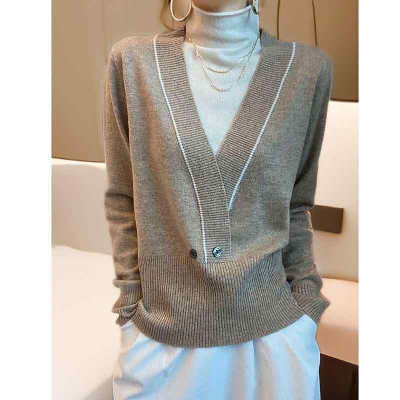 Tunics - レディース 秋冬 ニット トップス Vネック フェイクツーピース ミックスカラー クロス コントラストカラー ウエストシェイプ カジュアル レイヤード 普段使い 暖か 伸縮性