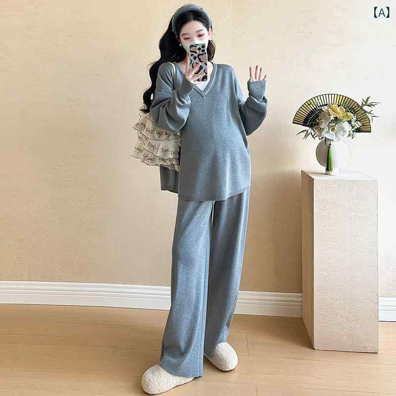 マタニティ ゆったり ニット セーター ワイド レッグ パンツ セットアップ 春 スタイリッシュ スリム見え 快適 伸縮性 軽量