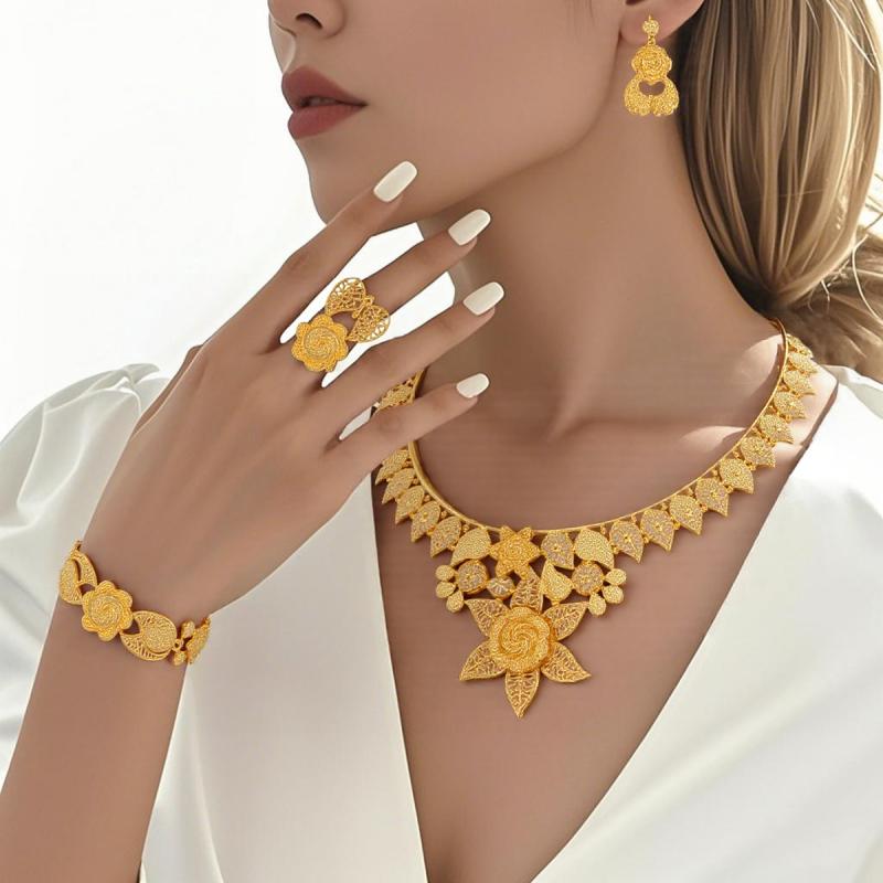 ウェディング ジュエリー セット レディース 金メッキ ネックレス イヤリング 指輪 ブレスレット 新婦 パーティー アクセサリー 高級感 結婚式 装飾品