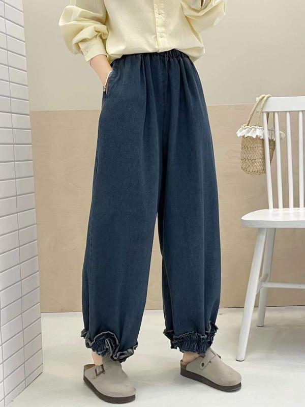 パンツ レディース デニムパンツ ジーンズ ジーパン ズボン ボトムス フリル 切り替え ゆるめ フィット 体型カバー ウエストゴム 無地 ..