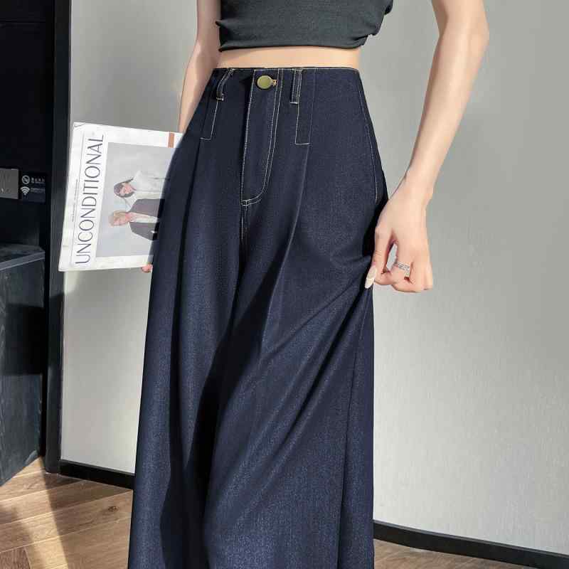 レディース パンツ 春夏 ダークブルー デニム ハイウエスト ストレート ワイドレッグ ゆったり ロング丈 フロア丈 ドレープ感 柔らか素材 カジュアル 普段使い