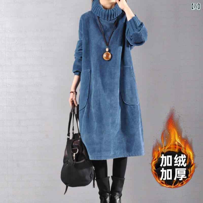 乐天商城 - ワンピース レディース ハイネック ストライプ フランネル 厚手 ミドル丈 コーデュロイ 秋冬 特大サイズ 暖か素材 保温性 日常使い 室内着