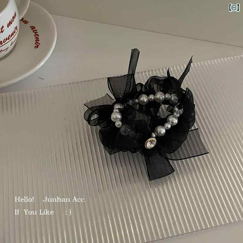 レディース ブラック チュール フランス風 エレガント リボン パール ヘアクリップ...