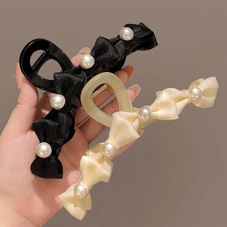 ヘアクリップ パール 蝶結び フレンチ ビンテージ風 黒 サメクリップ 少女用 後頭部 アップスタイル 髪留め かわいい 日常使い 固定力強い 髪飾り