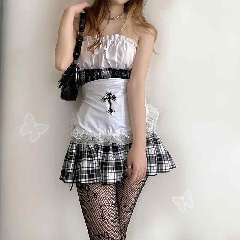 コスプレ 衣装 レディース メイド服 ロリータ 3点セット 制服 セット かわいい セクシー ワンピース エプロン チョーカー カチューシャ リボン フリル ミニ 膝丈 Y2K サブカルチャー 仮装 変装 大人用 文化祭 忘年会 ハロウィン イベント