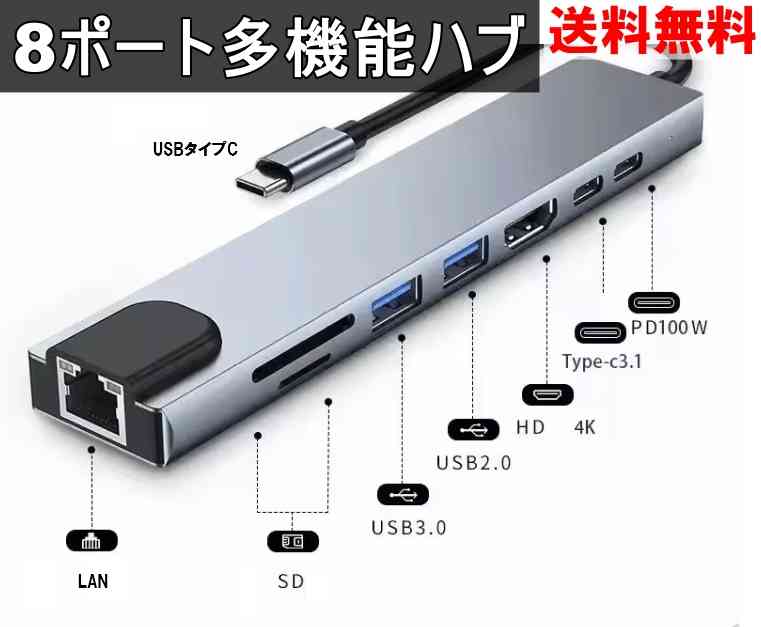 8ポート多機能ハブ USBタイプC USB3.0 LAN HDMI SDカード 送料無料 ＜新品＞ [94562]