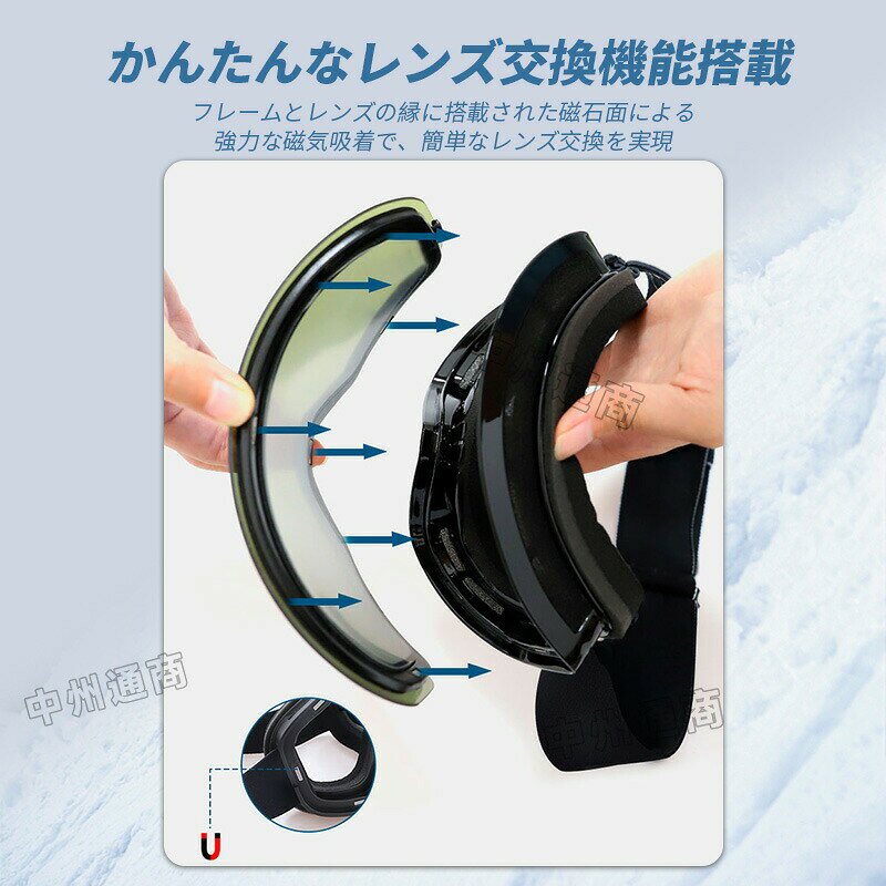 スキーゴーグル 磁気レンズ メガネ対応 スノーゴーグル 大人 スノーゴーグル 眼鏡対応 フレームレス 曇り止め 広い視界 UVカット 紫外線カット 男女兼用 収納ケース メガネ使用OK 冬 スキー