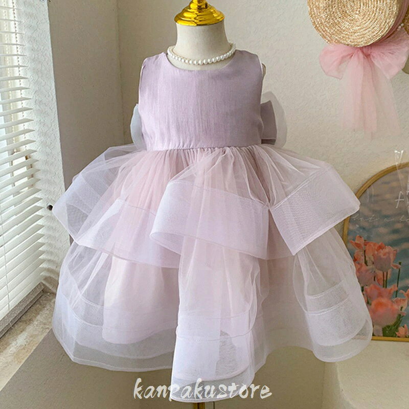 子供 ドレス リボン 女の子 ワンピース ノースリーブ チュールドレス 子供服 夏 子...
