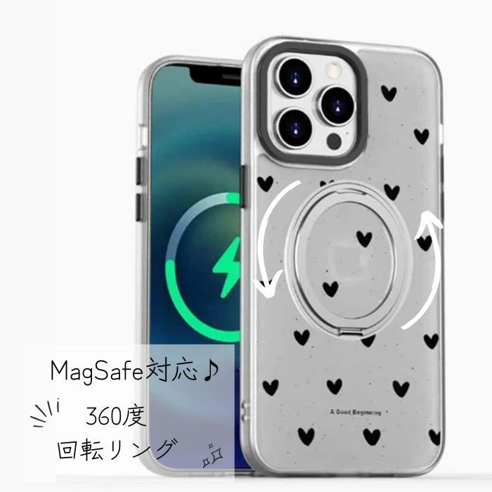 乐天商城 - 【MagSafe対応】iPhone17ケース　ハート柄 クリアケース マット 半透明 iPhoneケース アイフォンケース アイフォンカバー マグセーフ マグセーフ 開閉タイプ スタンド スマホリング バンカーリング 3WAY ハート ドット カジュアル シンプル iPhone16ケース