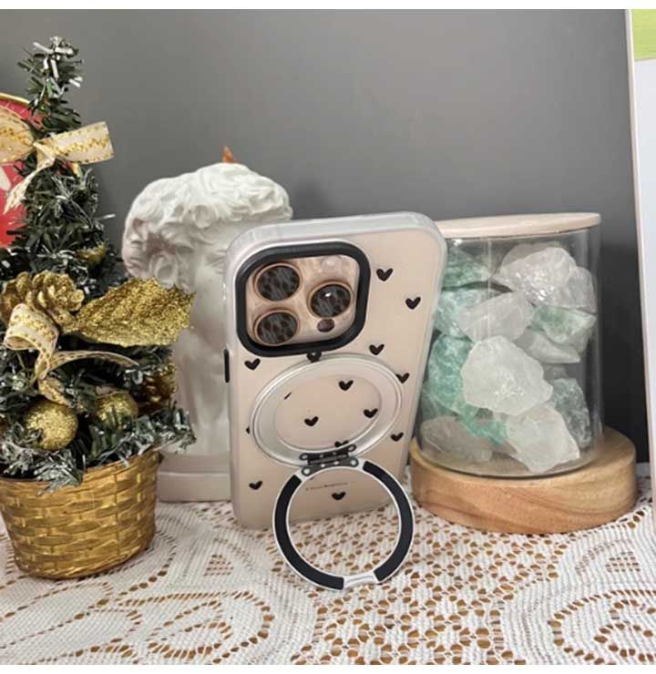 【MagSafe対応】iPhone17ケース　ハート柄 クリアケース マット 半透明 iPhoneケース アイフォンケース アイフォンカバー マグセーフ マグセーフ 開閉タイプ スタンド スマホリング バンカーリング 3WAY ハート ドット カジュアル シンプル iPhone16ケース