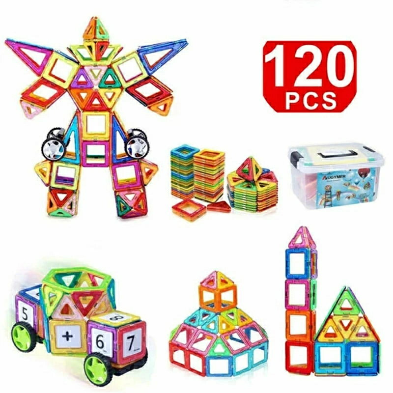 Puzzle - マグネットブロック 磁石 おもちゃ マグネット おもちゃ 知育玩具 知育パズル 子供 おもちゃ 車輪付き 磁石 立体 互換品 幾何学認知 カラフル 積み木 女の子 男の子 子供おもちゃ 磁気ブロック 1歳 誕生日プレゼント 120pcs