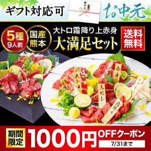 馬刺し 御中元 肉 ギフト 馬肉 馬刺 国産 熊本 送料無料 大満足セット 約9人前 450g 赤身 霜降り 中トロ 大トロ たてがみ 馬ヒレ 贈り物 内祝い 利他フーズ 食べ物 惣菜 おつまみ プレゼント ばさし 国産馬刺し おすすめ