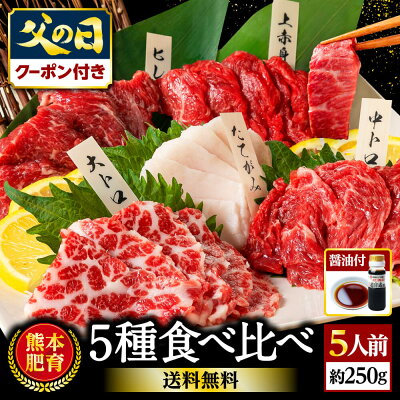 クーポンで【319円引き！】 馬刺し 父の日 国産 熊本 肉 ギフト 父の日ギフト 馬肉 馬刺 赤身 醤油付 5種 食べ比べ セット 5人前 250g 赤身 大トロ 霜降り 中トロ たてがみ 馬ヒレ ...