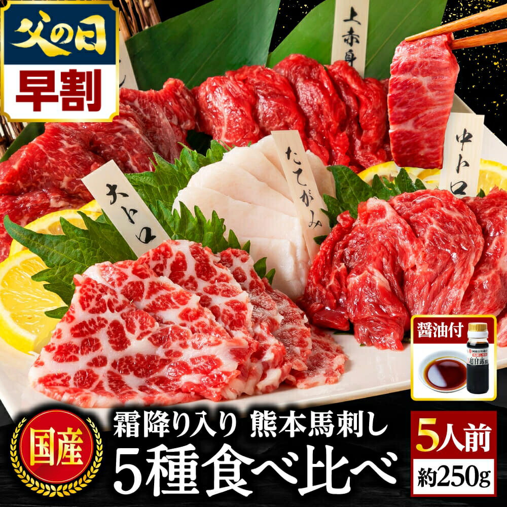 【早割】 馬刺し 国産 熊本 肉 ギフト 馬肉 馬刺 赤身 醤油付 5種 食べ比べ セット 5人前 250g 赤身 大トロ 霜降り 中トロ たてがみ 馬ヒレ 送料無料 食べ物 おつまみ 酒のつまみ プレゼント 贈り物 老舗 利他フーズ 母の日 父の日 ギフト