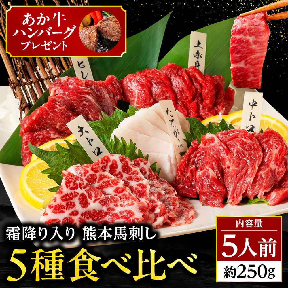   馬刺し 国産 熊本 肉 ギフト 馬肉 詰め合わせ 馬刺 霜降り 大トロ 上 赤身 5種 食べ比べ セット 5人前 250g 中トロ たてがみ 馬ヒレ 老舗 利他フーズ お酒に合う 酒のつまみ プレゼント 母の日 父の日 ギフト