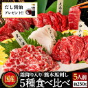 だし醤油プレゼント！ 馬刺し 国産 熊本 肉 ギフト 馬肉 詰め合わせ 馬刺 霜降り 大トロ 上 赤身 肉 5種 食べ比べ セット 5人前 250g 中トロ たてがみ 馬ヒレ 老舗 利他フーズ お酒に合う 高級 プレゼント