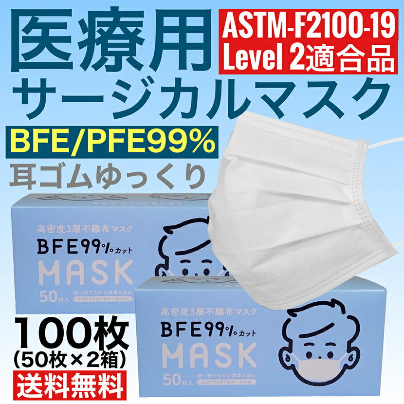 リタヘルス 医療用 不織布 サージカルマスク 立体 50枚×2箱 白 3層 フィット感 耳が痛くなりにくい ASTM Level2適合 BFE99% PFE99% ホワイト